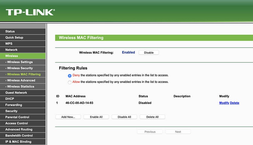 Menggunakan Fitur MAC Address Filtering